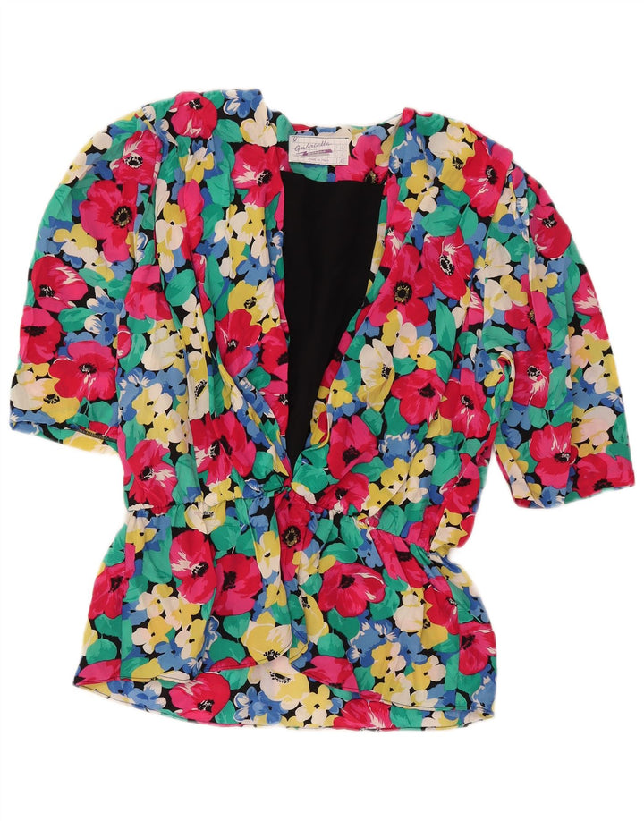 Vintage damebluse med 3/4 ærmer IT 46 Stor flerfarvet blomster