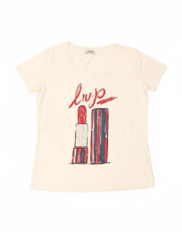 LIU JO Womens Graphic T-Shirt Top UK 10 Small White Cotton