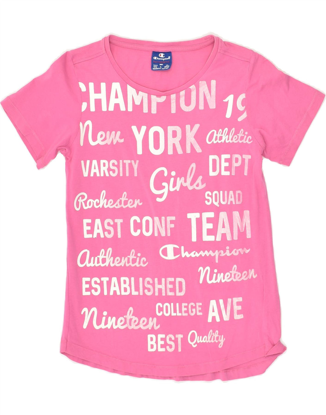 CHAMPION Girls Graphic T-Shirt Top 11-12 Years Large  Pink Cotton | Vintage Champion | Thrift | Second-Hand Champion | Used Clothing | Messina Hembry 