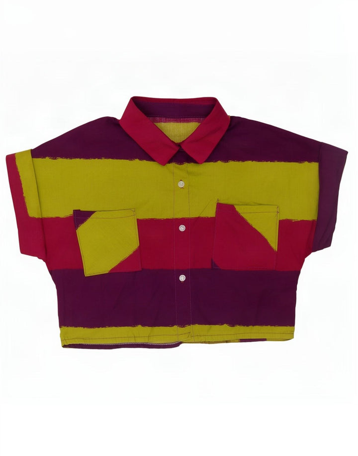 Vintage Kvinders Crop Kortærmet Skjorte UK 14 Medium Flerfarvet Stribet