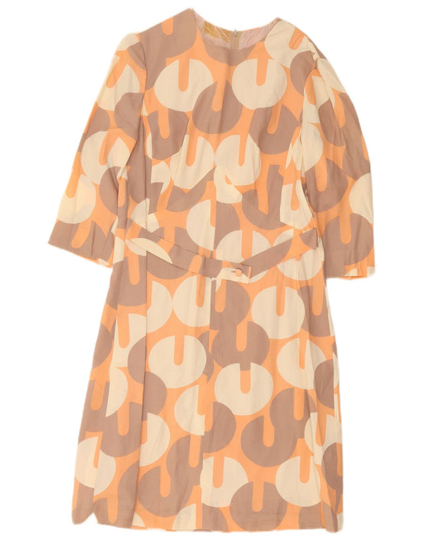 Vintage kvinders 3/4 ærmer skede kjole UK 12 Medium Orange Geometrisk