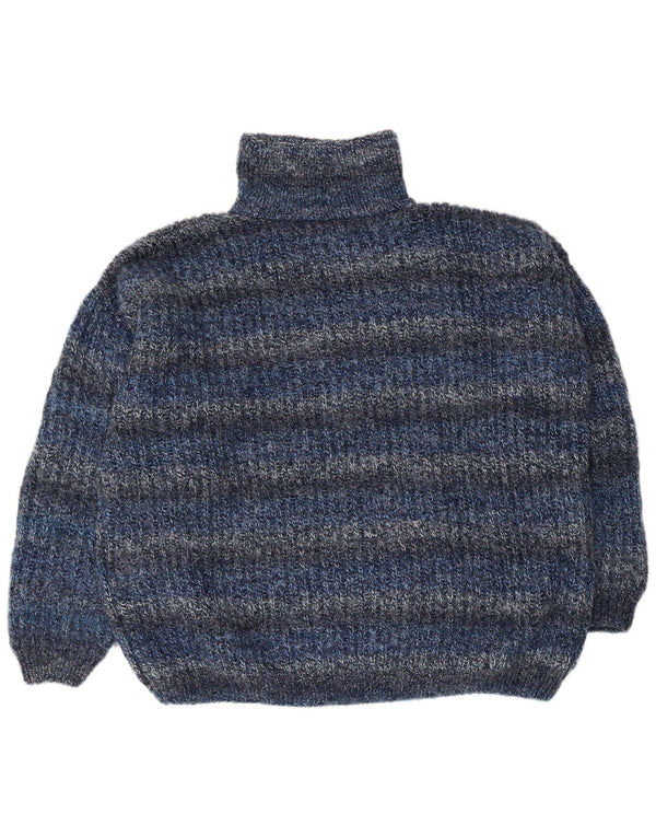 Vintage Mens Loose Fit Roll Neck Jumper Sweater Medium Blue Striped