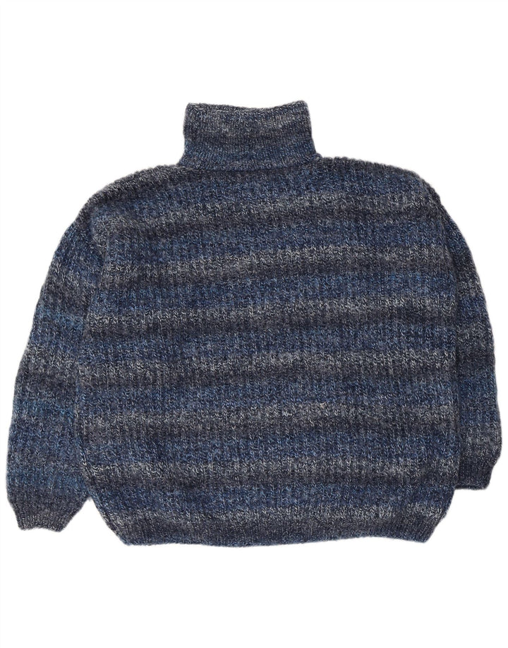 Vintage Herre Loose Fit Roll Neck Jumper Sweater Medium Blå Stribet