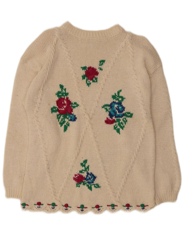 Vintage Womens Crew Neck Jumper Sweater UK 14 Medium Off White Floral Ramie