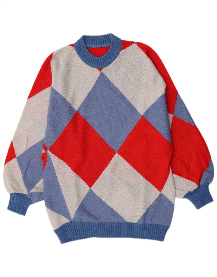 Vintage Mens Crew Neck Jumper Sweater Small Multicoloured Argyle/Diamond