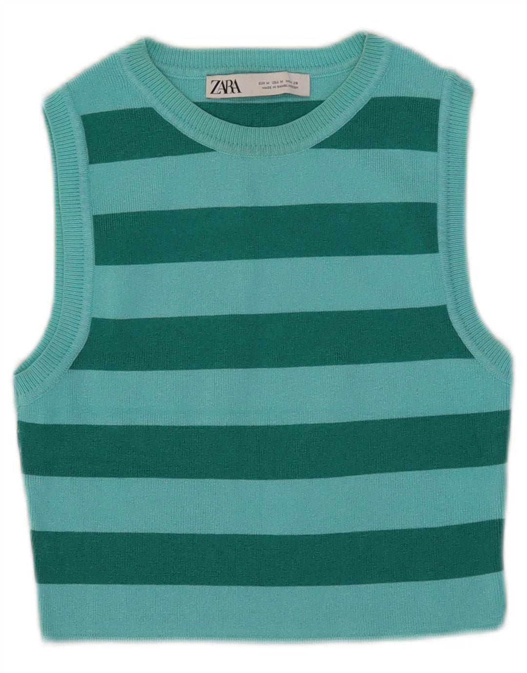 Zara Womens Crop Vest Top UK 12 Medium Green Striped Viscose
