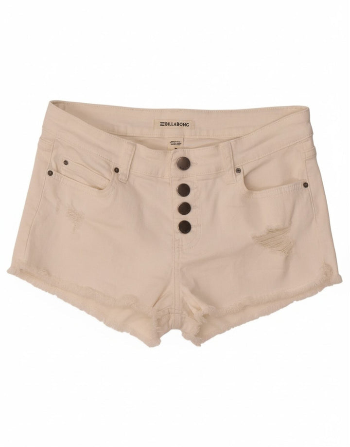 BILLABONG Womens Distressed Denim Hot Pants W26 Small Off White Cotton