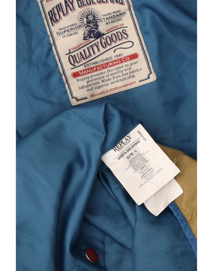 REPLAY Boys Hooded Rain Jacket 13-14 Years Large Blue Colourblock Vintage Replay and Second-Hand Replay from Messina Hembry 