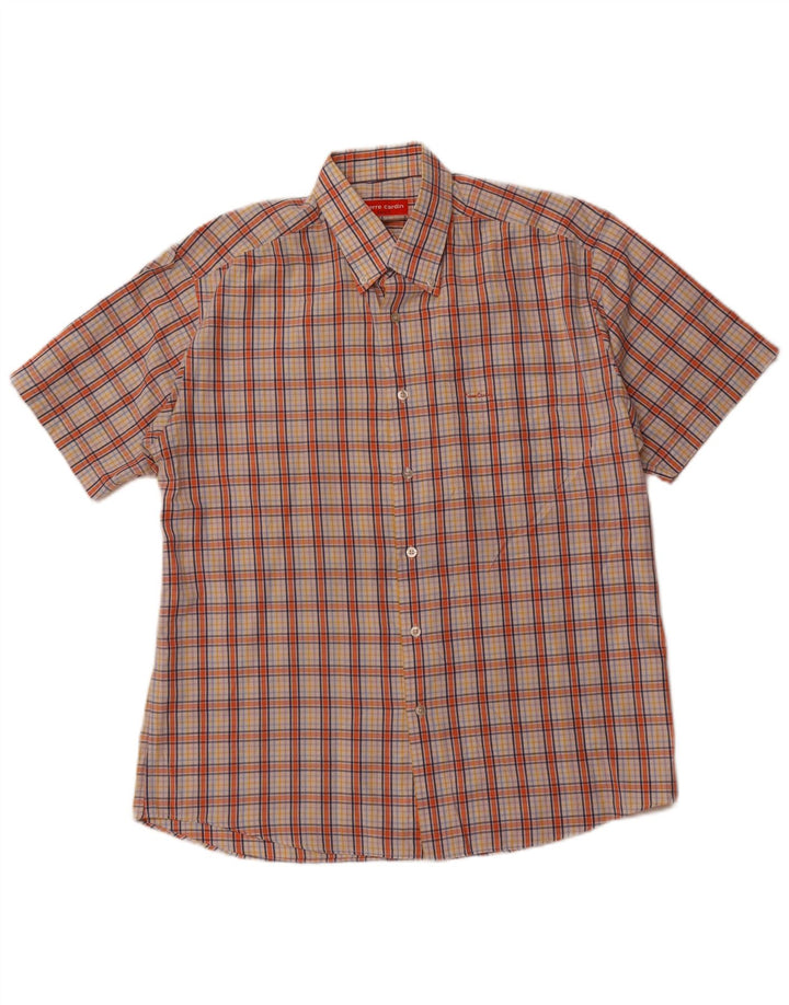Camicia a maniche corte da uomo Pierre Cardin taglia 40 cotone a quadri arancione medio