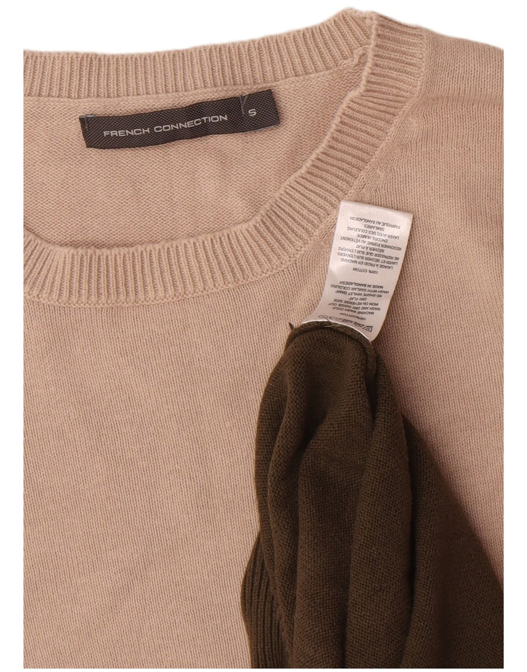 French Connection Mens Crew Neck Jumper Sweater Small Khaki Colourblock