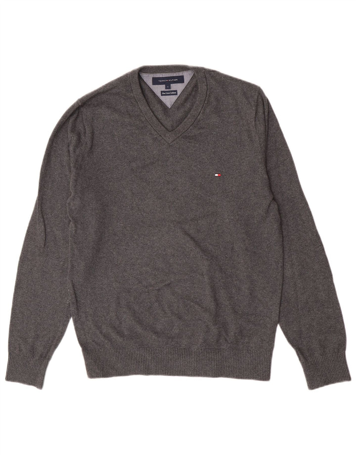 Tommy Hilfiger Mens V-Neck Jumper Sweater Small Grey Cotton