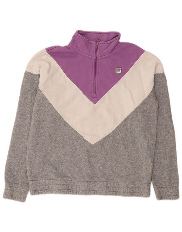 Felpa Fila da donna con zip e collo, maglione UK 16, grande, cotone color block grigio