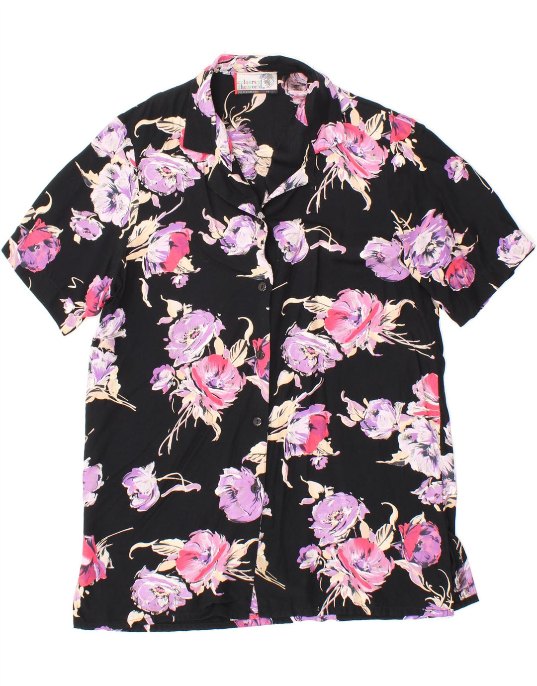 VINTAGE Womens Short Sleeve Shirt EU 38 Medium Black Floral Vintage Vintage and Second-Hand Vintage from Messina Hembry 