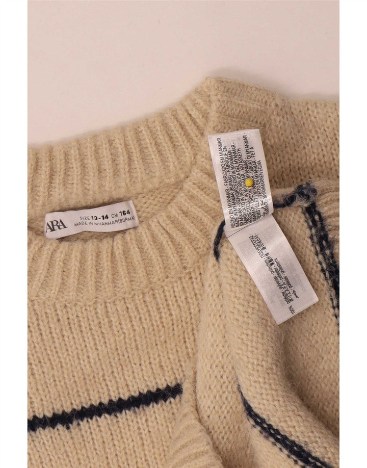 Zara Boys Crew Neck Jumper Sweater 13-14 Years Beige Striped Polyester