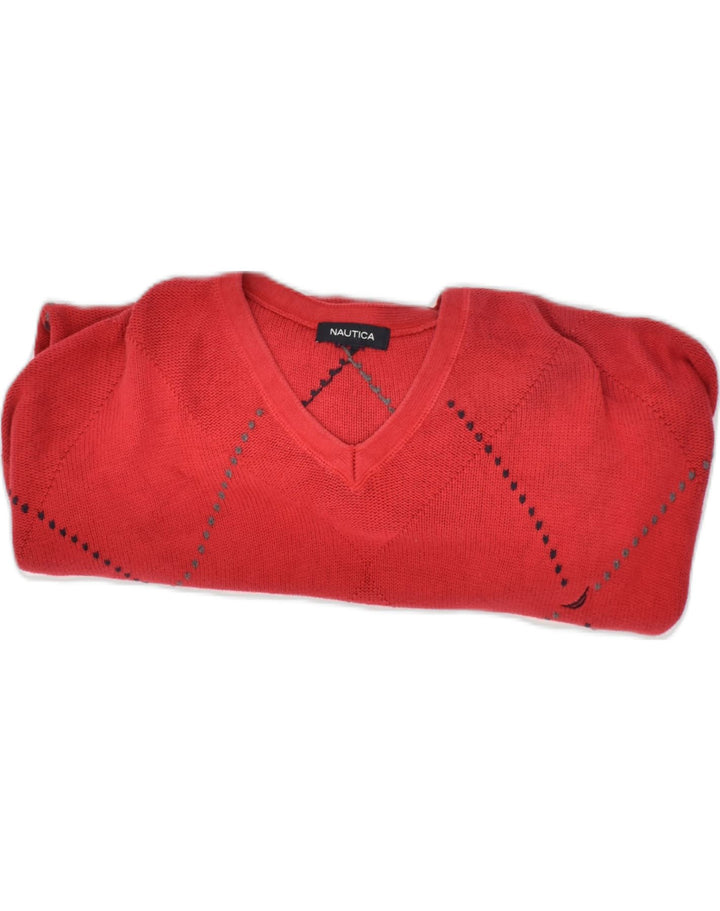 NAUTICA Mens V-Neck Jumper Sweater Large Red Cotton Vintage Nautica and Second-Hand Nautica from Messina Hembry 