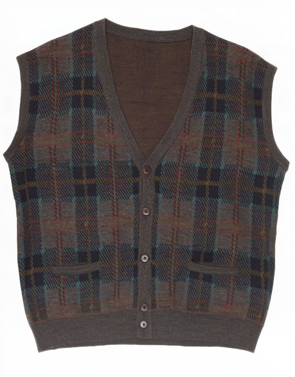 Vintage Mens Sleeveless Cardigan Sweater IT 54 XL Grey Check Wool