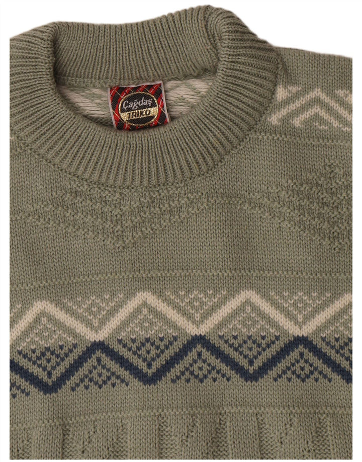 Vintage mænd med rund hals sweater Medium Khaki geometrisk bomuld