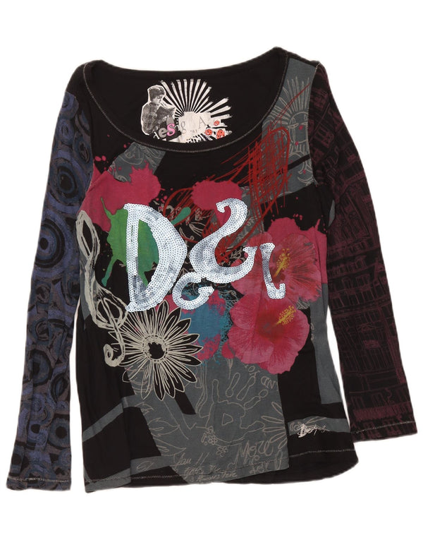 Desigual Womens Graphic Top Long Sleeve UK 14 Medium Black Floral Viscose