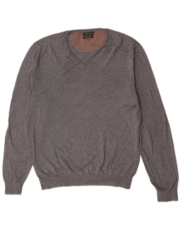 Massimo Dutti Mens V-Neck Jumper Sweater Large Grey Cotton Classic