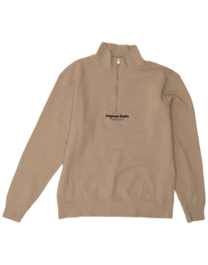 Jack & Jones Mens Graphic Zip Neck Sweatshirt Jumper Medium Beige Cotton