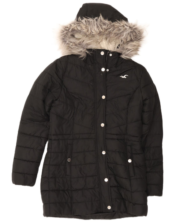 Hollister Sherpa polstret frakke med hætte til kvinder UK 14 Medium Sort Polyester