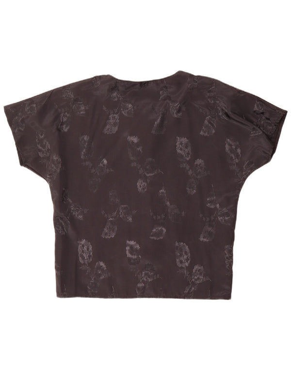 Vintage mujer camisa de manga corta blusa Reino Unido 20 2XL poliéster floral negro