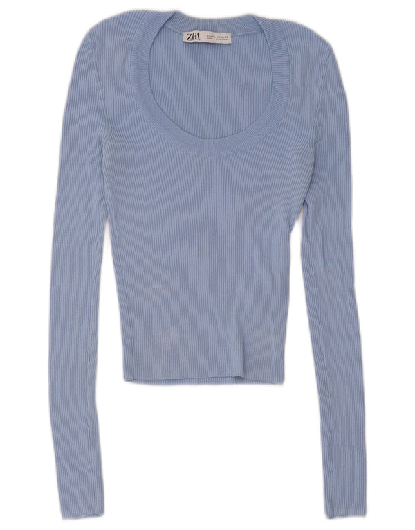 Top corto da donna Zara a maniche lunghe UK 4 XS blu viscosa
