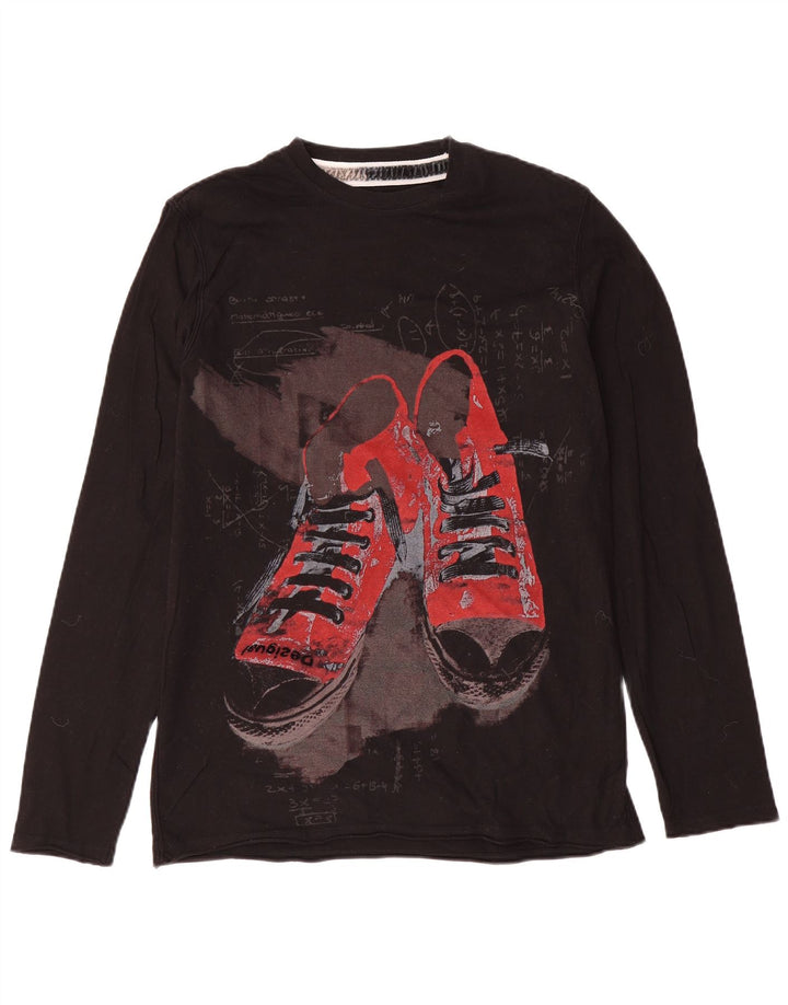 Top grafic Desigual pentru bărbați cu mânecă lungă, bumbac mediu negru
