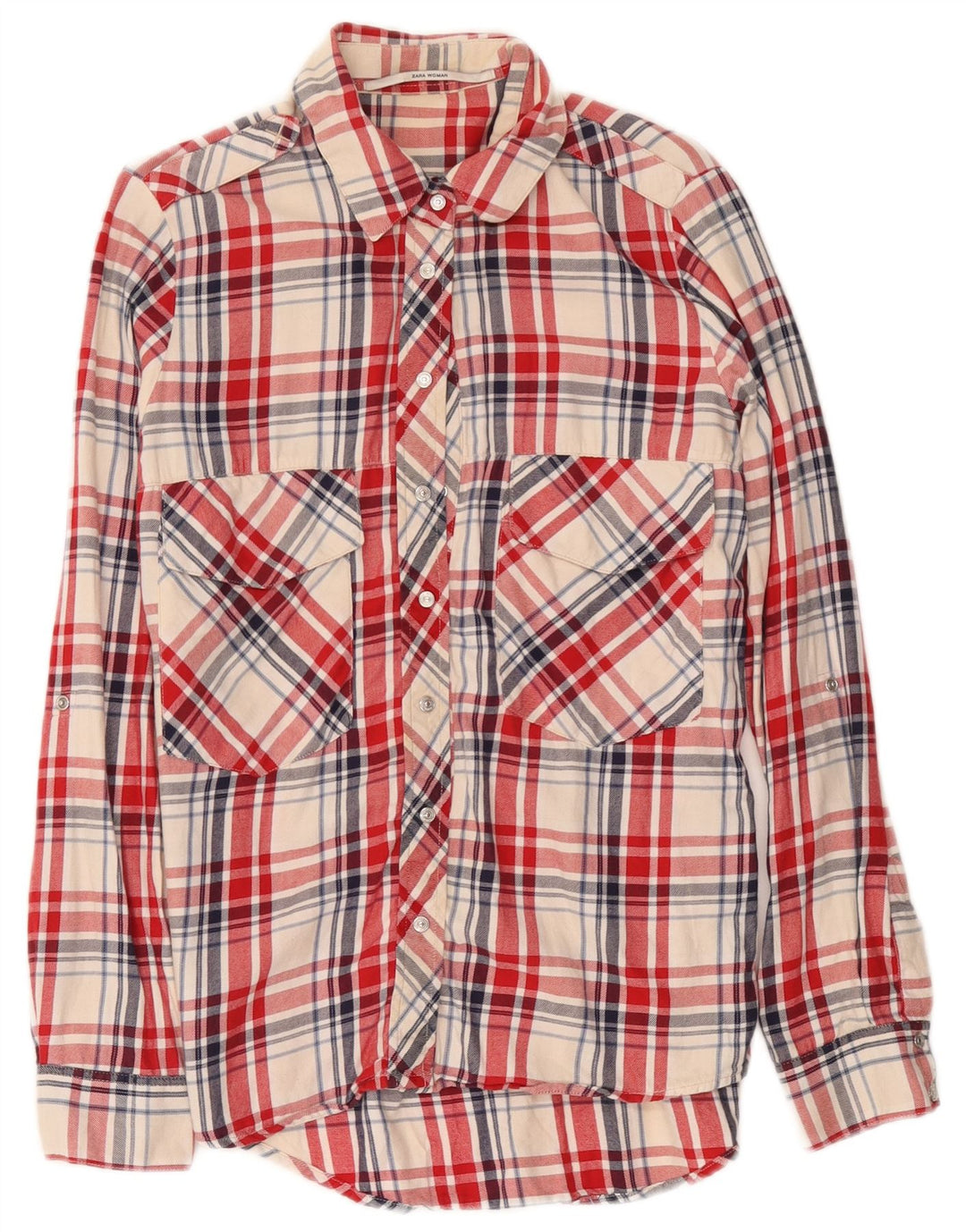 Zara Dame Flanelskjorte UK 14 Medium Rød Plaid Bomuld