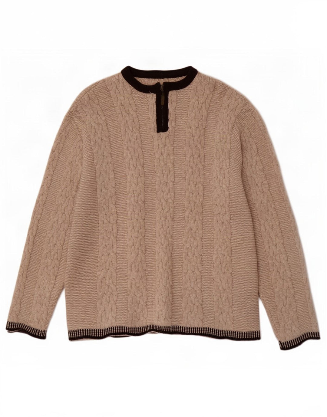 Vintage Mens Zip Neck Jumper Sweater Large Beige Colourblock Wool