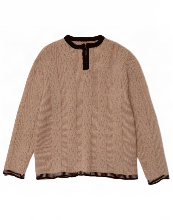 Vintage Mens Zip Neck Jumper Sweater Large Beige Colourblock Wool