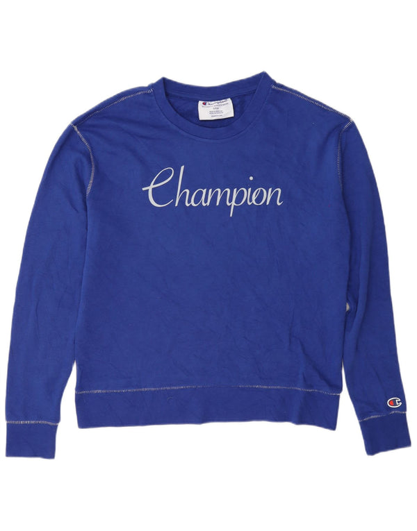 Felpa oversize con grafica da donna Champion, maglione UK 10, piccolo cotone blu
