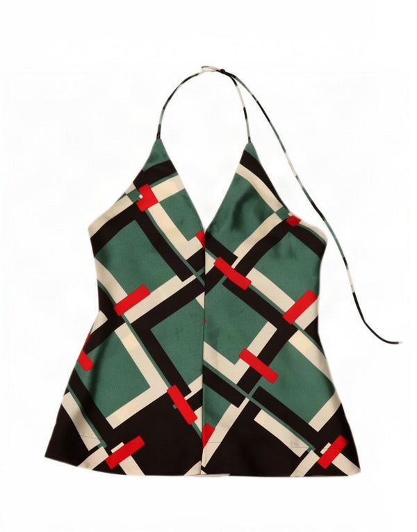Zara Womens Halter Top UK 6 XS Green Geometric Polyester