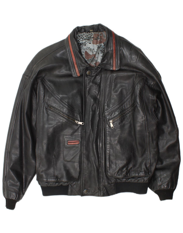 Angelo Litrico Mens Bomber Leather Jacket IT 50 Large Black Leather