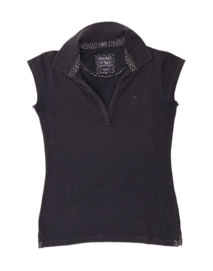 WOOLRICH Womens Stretch Slim Fit Polo Shirt UK 12 Medium Navy Blue Vintage Woolrich and Second-Hand Woolrich from Messina Hembry 