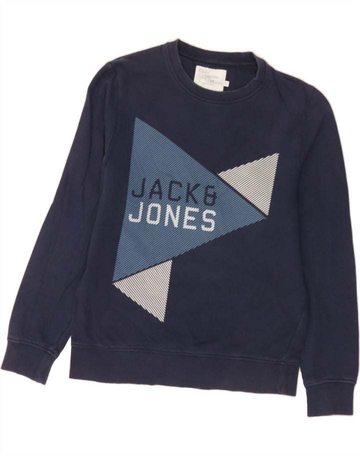 JACK & JONES Mens Core Graphic Sweatshirt Jumper Small Navy Blue Geometric Vintage Jack & Jones and Second-Hand Jack & Jones from Messina Hembry 