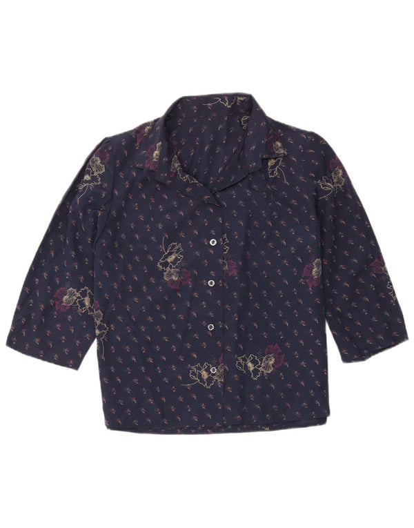 Bluză cămașă vintage pentru femei cu mâneci 3/4 UK 12 Medium Bleumarin Floral