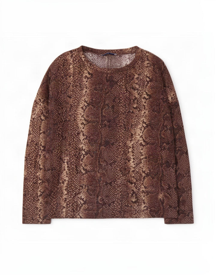 Zara Womens Top 3/4 Sleeve UK 14 Medium Brown Animal Print