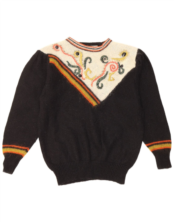 Vintage Womens Crew Neck Jumper Sweater UK 14 Medium Black Geometric
