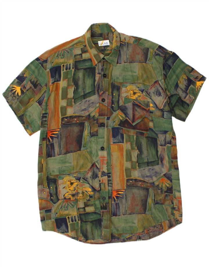 Coldor Mens Short Sleeve Shirt Size 39/40 Medium Green Geometric Viscose