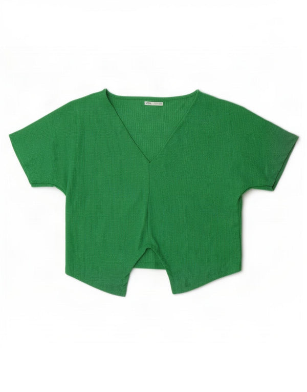 Zara Womens Crop Bluse Top UK 16 Large Green Polyester