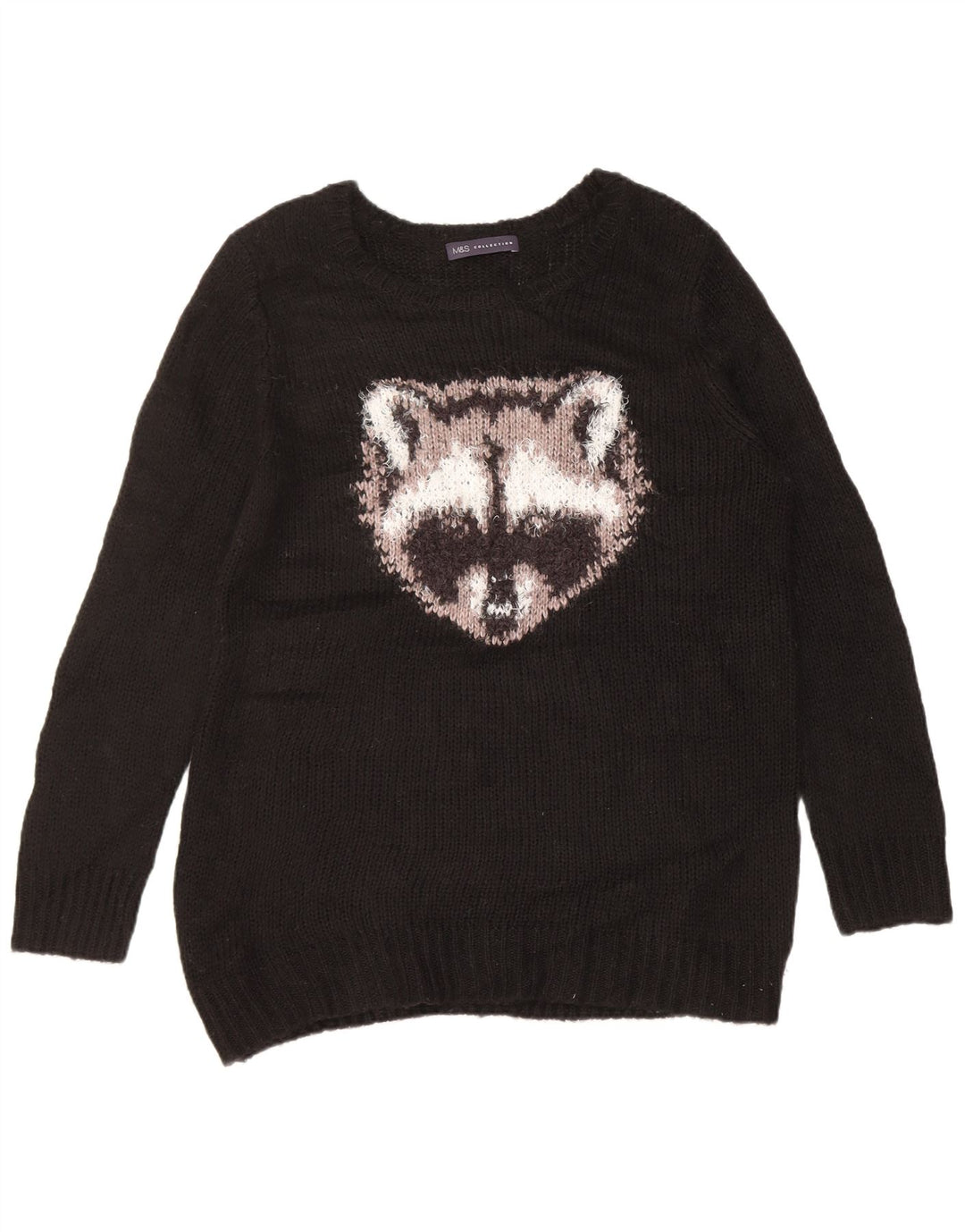 Marks & Spencer Womens Graphic Boat Neck Jumper Sweater UK 14 Medium Black