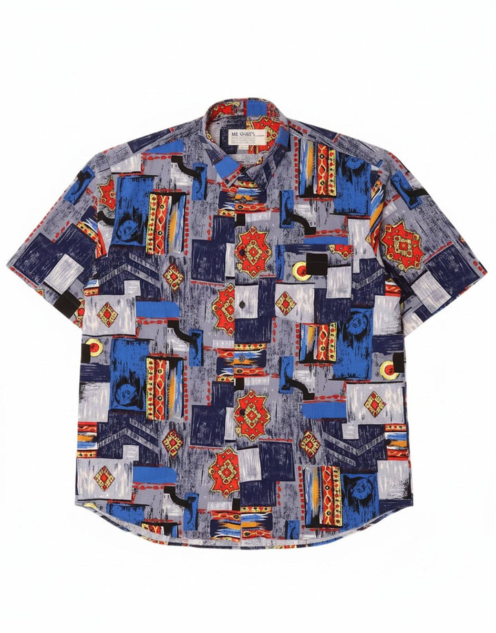VINTAGE Mens Abstract Pattern Short Sleeve Shirt XL Blue