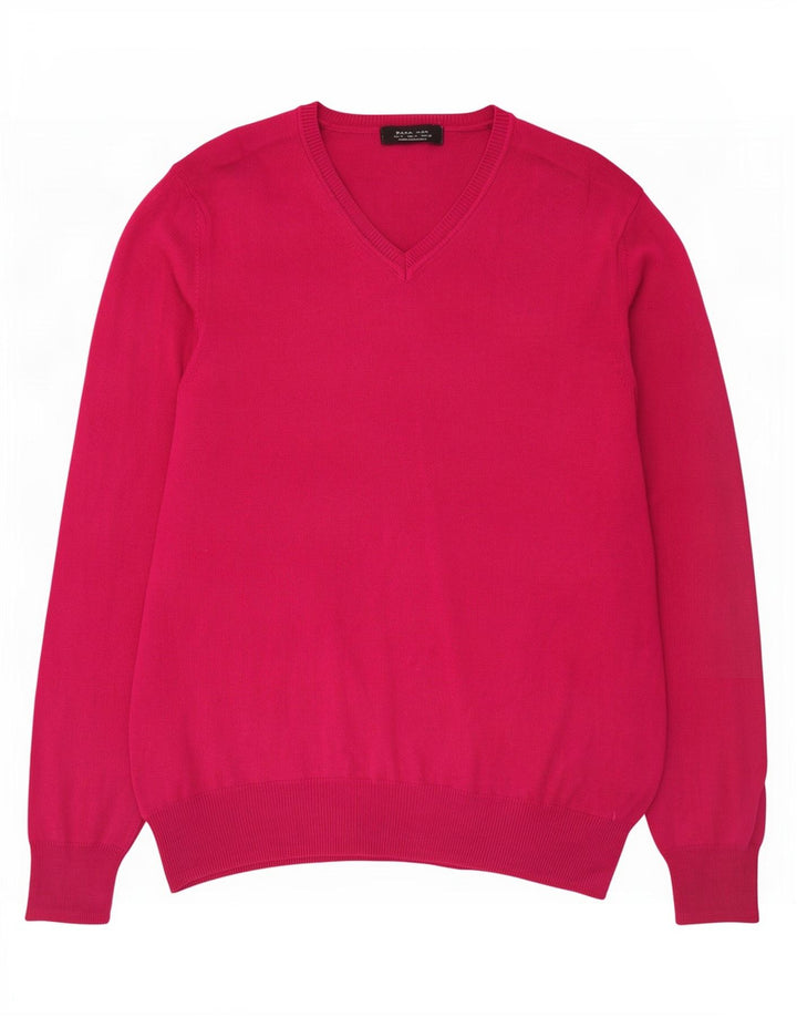 Zara Mens V-Neck Jumper Sweater Medium Pink