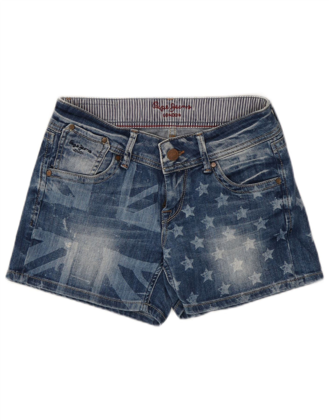 PEPE Jeans Womens Graphic Denim Shorts W27 Small Blue Cotton
