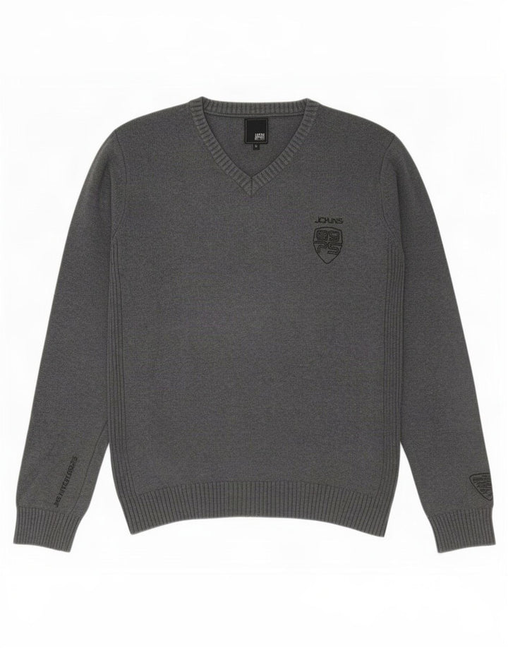 Jack & Jones Mens V-Neck Jumper Sweater Medium Grey Cotton
