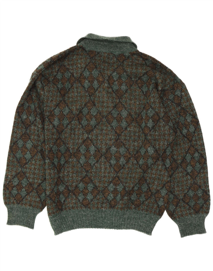 Suspense Mens Polo Neck Jumper Sweater IT 50 Medium Green Argyle/Diamond