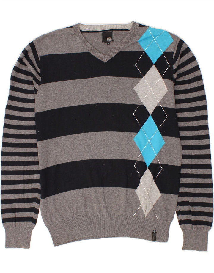 JACK & JONES Mens V-Neck Jumper Sweater XL Grey Striped Cotton Vintage Jack & Jones and Second-Hand Jack & Jones from Messina Hembry 