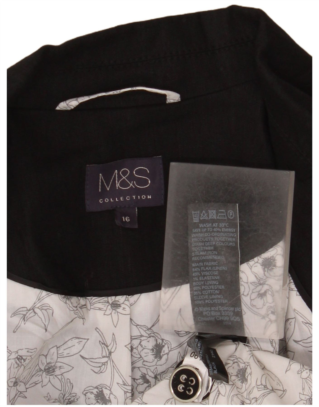 Marks & Spencer Chaqueta tipo blazer con 1 botón para mujer, talla 40, talla grande, lino negro
