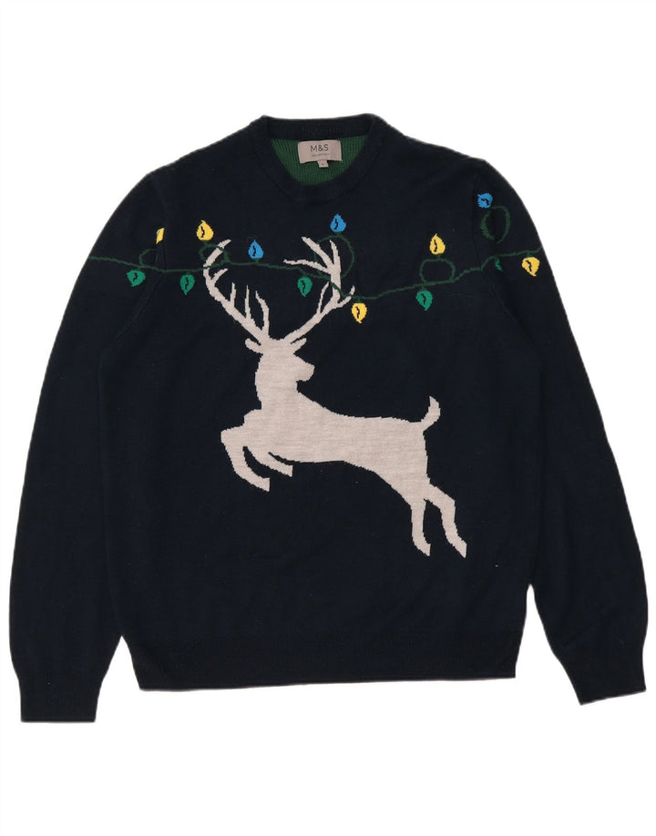Marks & Spencer Mens Graphic Crew Neck Jumper Sweater Large Navy Blue